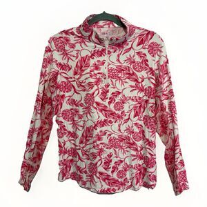 IBKUL Golf Top Women’s Size Large Pink Pineapple Leaves 1/4 Zip Mesh Performance